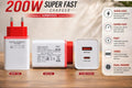 A 200W super fast charger shown in three views: front, back, and port layout, with feature callouts on the right. The charger has a red and white design and is displayed on a wooden surface with a blurred background.