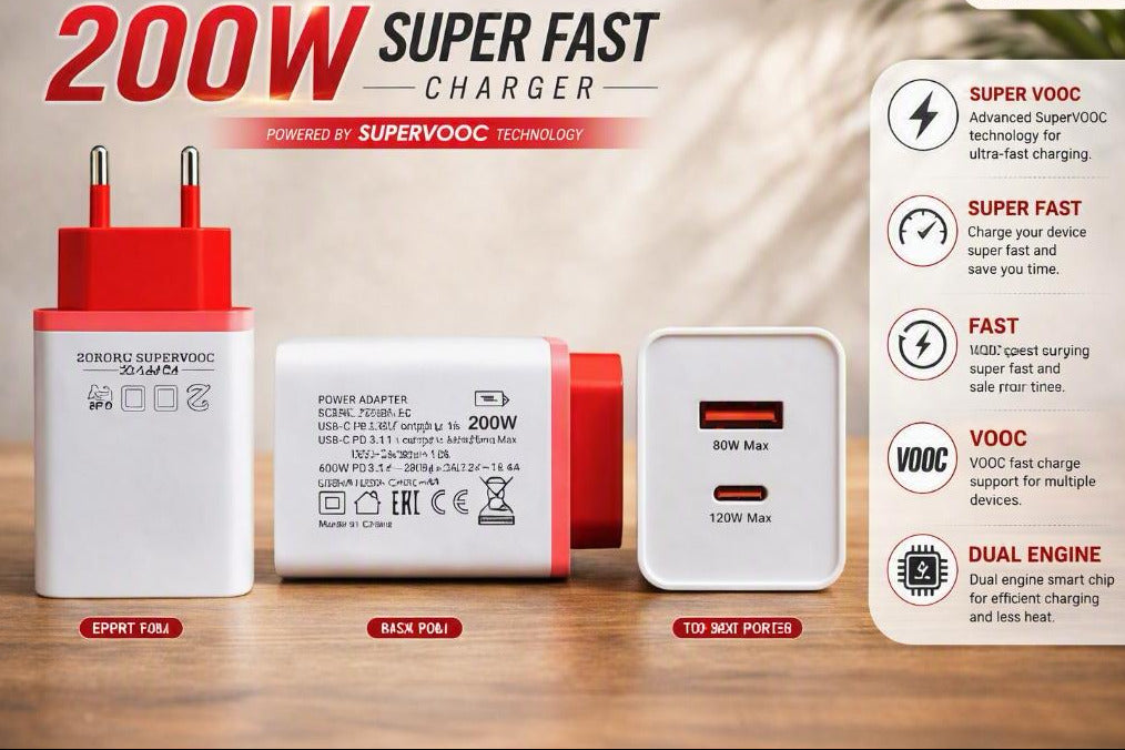 A 200W super fast charger shown in three views: front, back, and port layout, with feature callouts on the right. The charger has a red and white design and is displayed on a wooden surface with a blurred background.